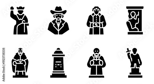 Icon set: monochrome silhouettes of historical statues and monuments