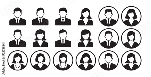 Business avatar silhouettes featuring men and women in formal attire for corporate identity and team profiles