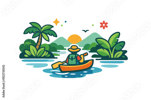 Rainforest river exploration illustrated through a small canoe moving across calm water surrounded by lush foliage, evoking discovery, adventure, and respect