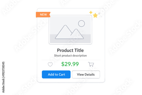 E-commerce product mockup. Product card with image placeholder, price tag, and button blocks arranged clearly. Friendly and accessible online shopping mood.