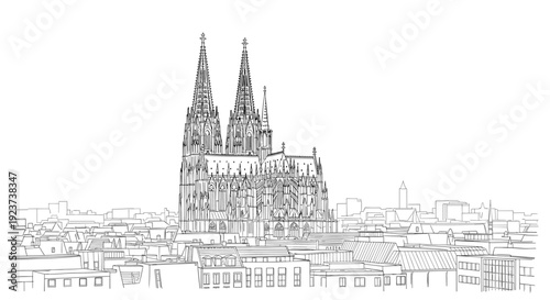 Cathedral silhouette with cityscape in linear style