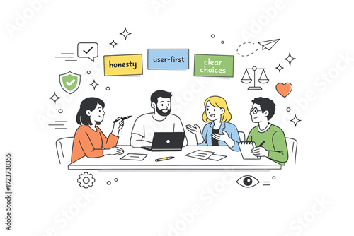 UX ethics workshop. A small group of designers collaborating around a table with sticky notes labeled ?honesty?, ?user-first?, ?clear choices?, abstract