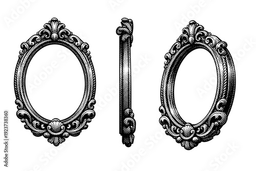 Ornamental oval decorative frame object shown in three views including front view, side view, and angled view emphasizing curvature and