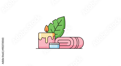 A collection of spa essentials features a lit pink candle a green tropical leaf a small cream jar and a rolled pink towel, Generative AI.