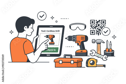 Neighborhood tool-sharing lending process. A resident scanning or logging a tool on a digital tablet with neatly arranged tools nearby. The scene conveys
