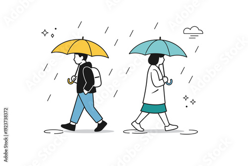Umbrellas in mild rain together. Two people walk side by side under separate umbrellas, not interacting directly. Shared weather, parallel