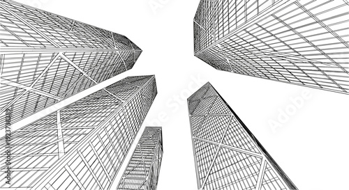 Architectural perspective of skyscrapers in black and white line art design
