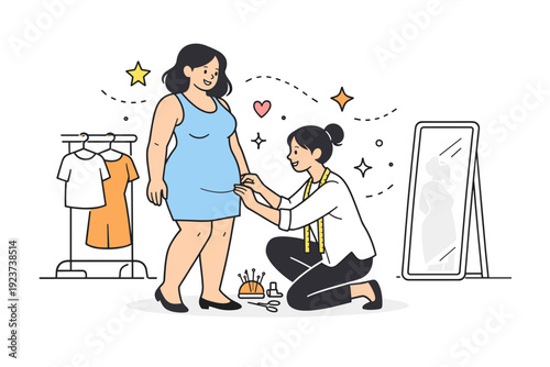 Fitting room collaboration. A designer assists a model of a diverse body type with clothing adjustments, abstract floating stars and motion lines emphasizing