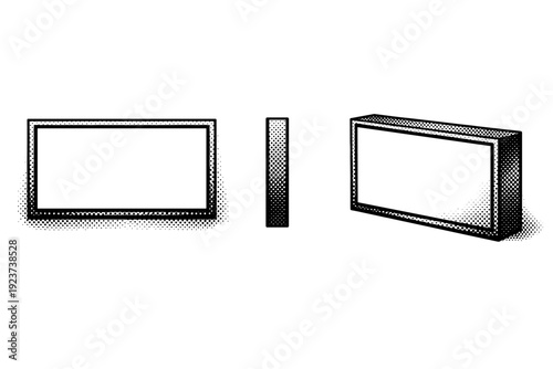 Comic Box Views. Comic rectangular caption box shown as a single object presented in three views: front view, side view, and three-quarter view. Black and