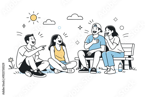 Outdoor laughter candid moments. Friends reacting to a funny moment while resting on grass or benches, casual summer mood. Easygoing social scene with open