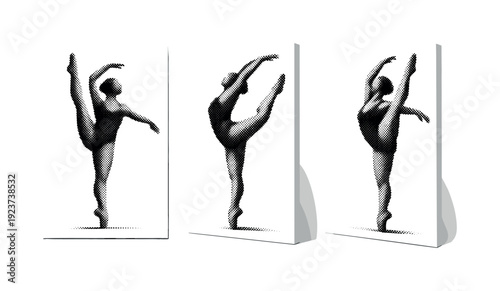 Minimal dance poster composition represented as one clean poster layout object shown in three views: front view, side view, and three-quarter