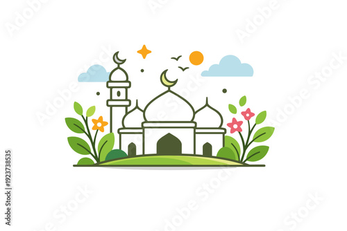 Ramadan spring concept a simple mosque silhouette framed by soft greenery and gentle sky elements, expressing peace, devotion, and spiritual