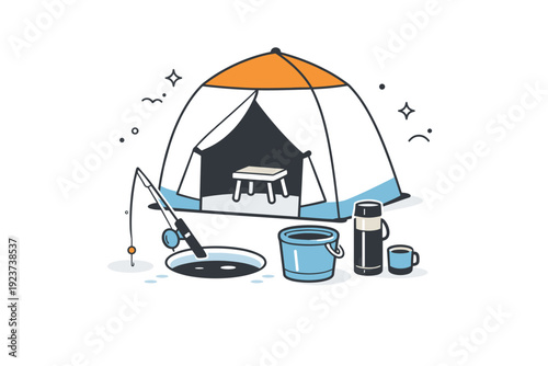 Ice fishing leisure setups. Simple ice tent setup with fishing hole, bucket, and thermos placed neatly around. Sense of comfort, preparation,
