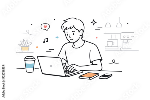 Working remotely in a coffee shop. A focused person typing while light cafe details fade into the background. Balance of concentration and