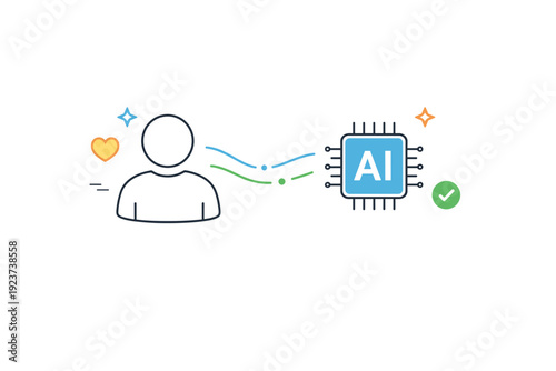 AI responsibility. Minimal icon scene with a simplified human silhouette and an AI chip connected by gentle lines, symbolizing ethical