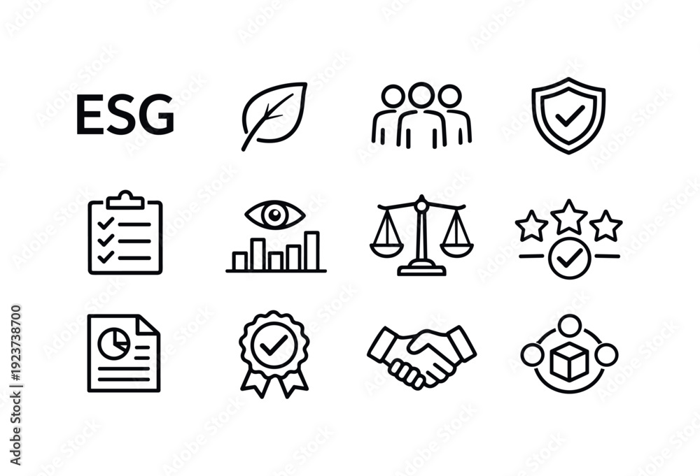 Naklejka premium ESG Investing. Line outline icon set of ESG Investing: ESG letters icon, environmental leaf,