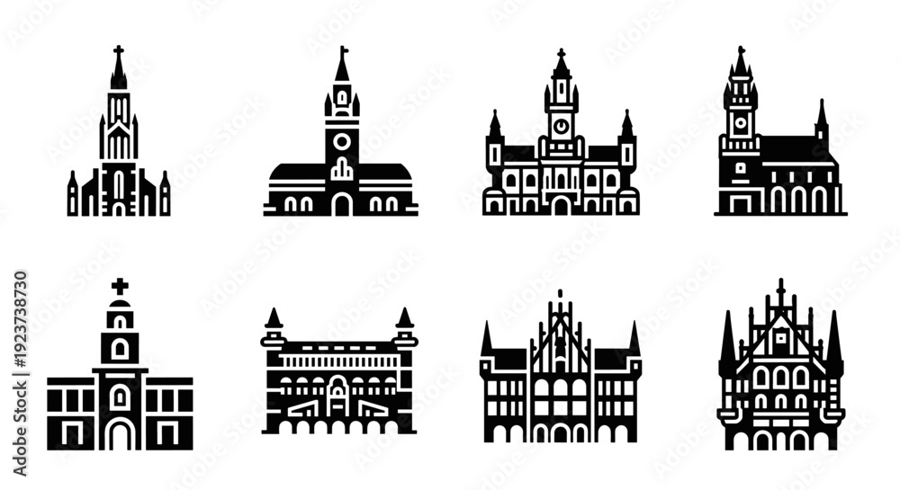 Fototapeta premium Icon set of historic gothic churches and castles in minimalist silhouette style