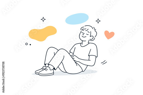 Smiling without reason. A seated figure leans back slightly, small smile forming during a pause. Moment of internal comfort, gentle abstract