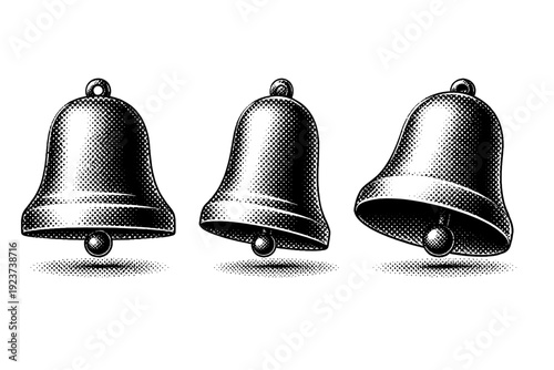 Black and white halftone bell icon object shown as a single object presented in three views: front view, side view, and three-quarter view. Black and white dot
