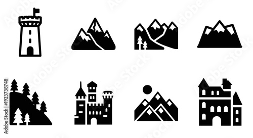 Silhouette castle and mountain icons set for adventure and travel designs