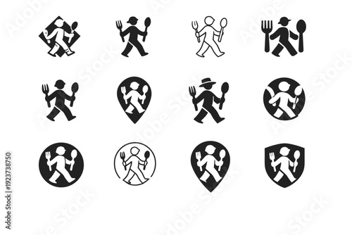 Food tasting tours. Icon set. Set Logo of Food tasting tours: walking tour with utensils. harmonious logo variations of the same emblematic concept, each with