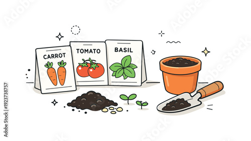 Seed packets home gardening scene. A minimal tabletop scene with seed packets, a small pot, and soil elements, suggesting relaxed home