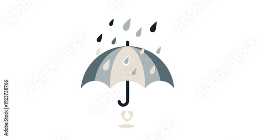 A gray and blue umbrella on a white background with raindrops falling onto its surface and a small glowing heart below the handle, Generative AI.