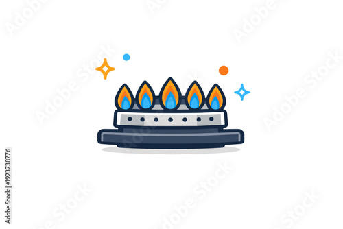Stovetop burner modern kitchen element shown as a clean standalone burner with gentle flame accents, presented as a simple visual badge for