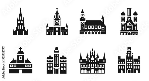 Set of gothic and medieval building silhouettes in black and white collection