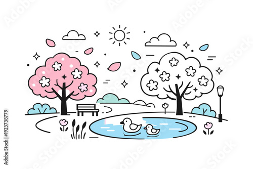 spring blossoms in park. A serene park scene with blossoming trees, a few abstract floating petals and stars around, calm and cheerful outdoor atmosphere.