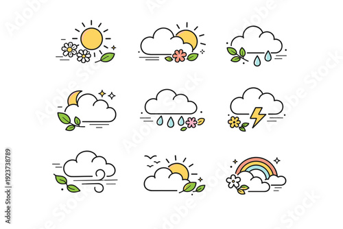 Spring weather icons with nature accents. Weather symbols combined with small leaves, flowers, and gentle motion lines to suggest mild spring conditions. The