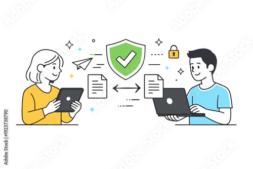 Secure file sharing. Two people exchanging documents digitally with a floating shield icon between devices, abstract stars and motion lines