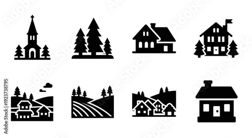 Silhouette set of houses and trees with countryside landscape elements
