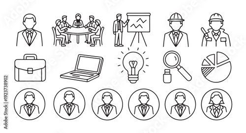 Comprehensive business management line icons showing team meetings laptop technology and statistical analysis