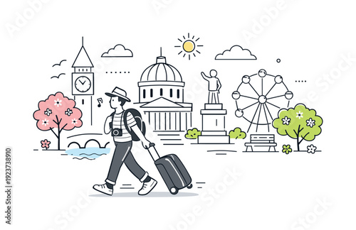 Happy tourist with suitcase and camera exploring city landmarks and attractions