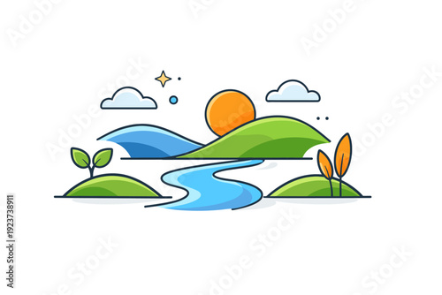 Nature background abstract landscape with minimal plants, clouds and flowing shapes, conveying freshness, openness and modern natural harmony. Minimalist flat