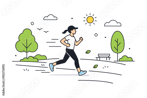 Joggers reappearing in parks. A single jogger runs along a simple park path, trees lightly framing the scene and motion lines suggesting steady movement. The