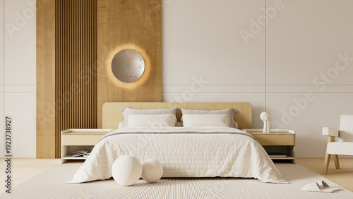 Modern bedroom interior with a natural wood accent wall and a minimalist wooden bed featuring a stylish armchair and warm ambient lighting in a bright contemporary apartment. 3D illustration