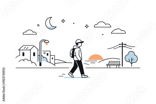 End of day quietness. Outdoor view with fading sky and one person walking slowly along a quiet street. Solitude and calmness settling over