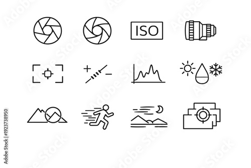 Photography Techniques. Line icon set of Photography Techniques: aperture icon, shutter speed icon, ISO setting, manual focus, autofocus