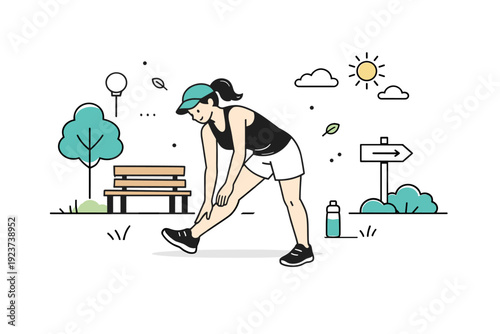 Joggers reappearing in parks. A jogger stretches or slows down after running, surrounded by simple park elements. The illustration suggests routine, care, and