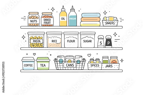 Clean and tidy pantry. A well-organized shelf system with evenly spaced containers and labels. The scene represents balance, simplicity, and
