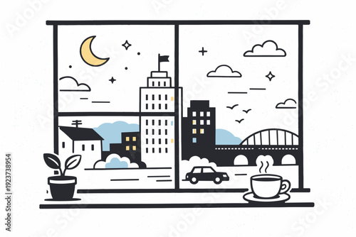 Film-like grain aesthetics. Evening city scene viewed through a window, faint grain adding depth and softness. Cinematic urban calm with