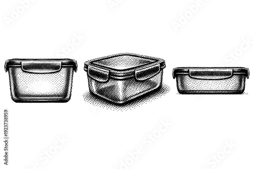 Sustainable product reusable food storage container with lid shown in straight-on front view, angled three-quarter view, and side profile view as one object