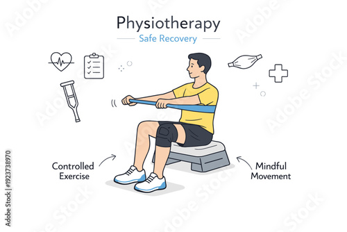 Physiotherapy for returning athlete. Person using resistance bands for controlled exercises, mindful posture and slow repetition, safe recovery routine.