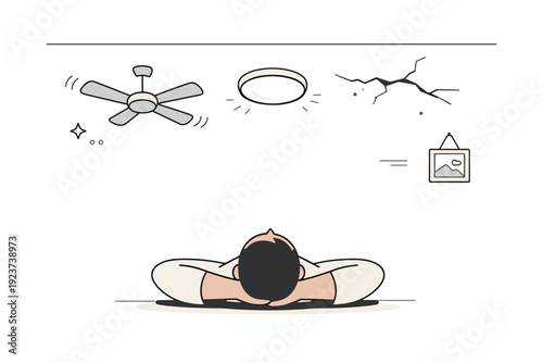 Ceilings as focus. A figure lies on the floor looking up, with visible ceiling elements like a fan, light, or cracks above them?capturing stillness and passive