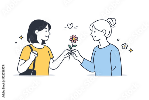 Women receiving flowers casually. Two women meeting briefly, one passing a single flower to the other without ceremony. Simple exchange and quiet connection.