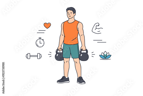 Free weight strength session. A person holding kettlebells or dumbbells, standing with stable posture and calm concentration. Control, power,
