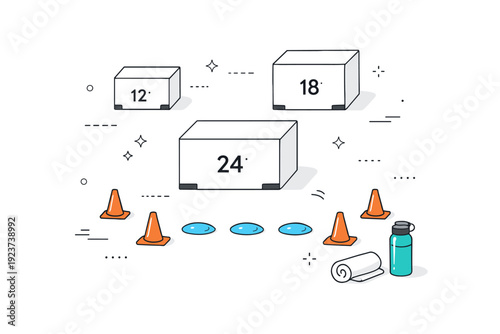 Outdoor agility training visual. Top-view layout of plyometric boxes, cones, and a water bottle on grassy field. Peaceful, organized, and motivating editorial