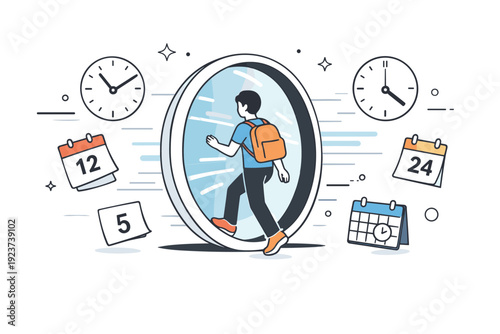 Time travel concept. Person stepping through a circular portal with clocks and calendar pages gently floating around, feeling curiosity and